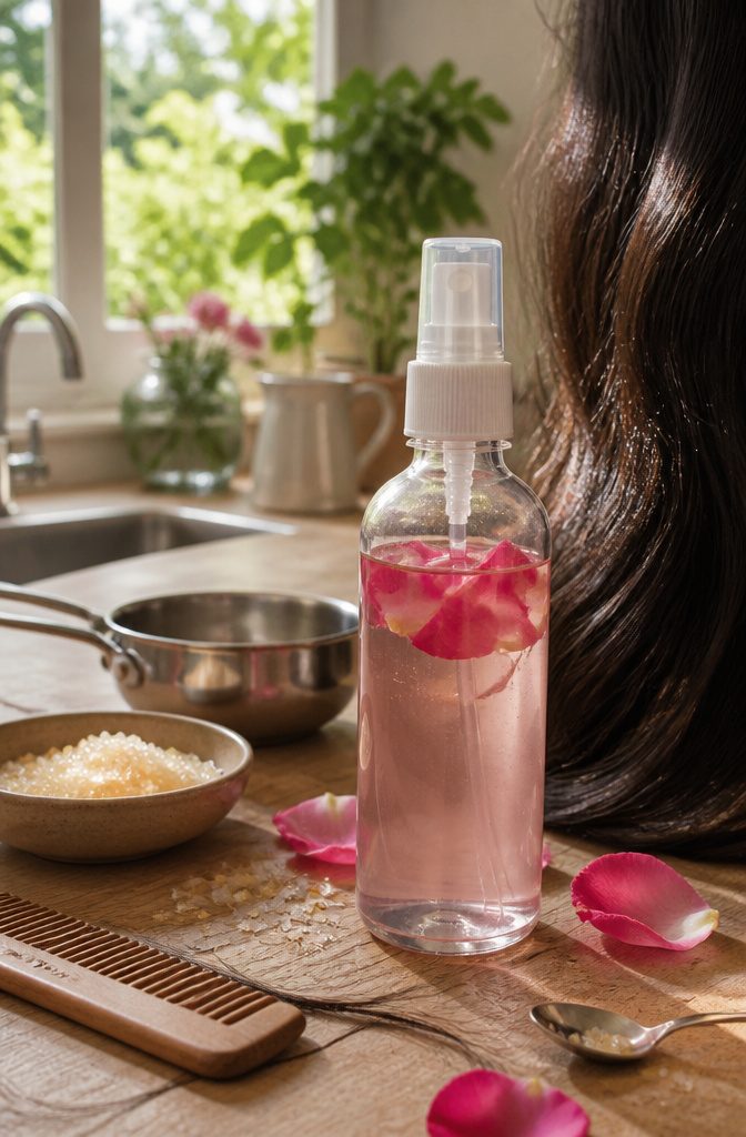 Natural hair spray bottle photographed for an article about natural hair spray