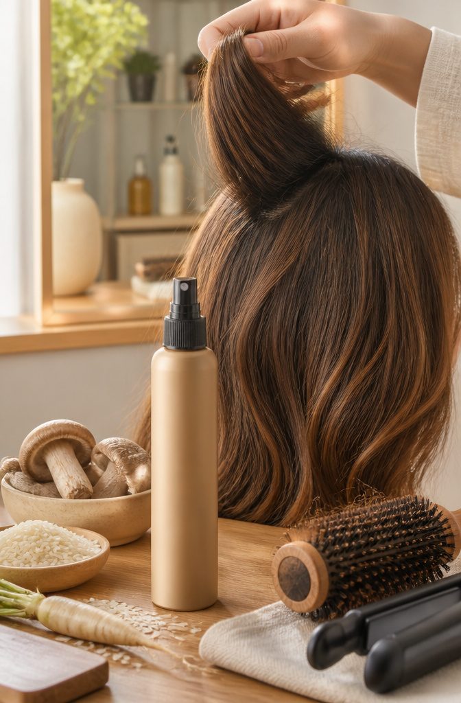 Natural hair spray bottle photographed for an article about natural hair spray