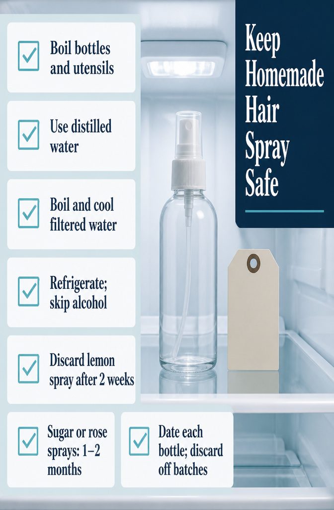 Information graphic with homemade hair spray storage and shelf life guidance