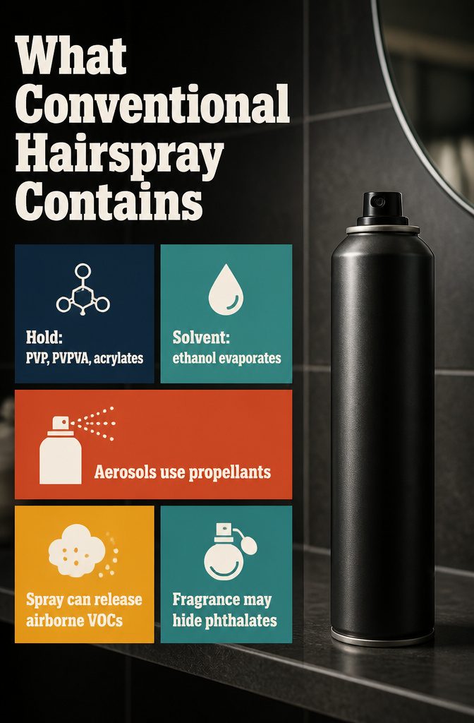 Information graphic listing conventional hairspray ingredients and propellants