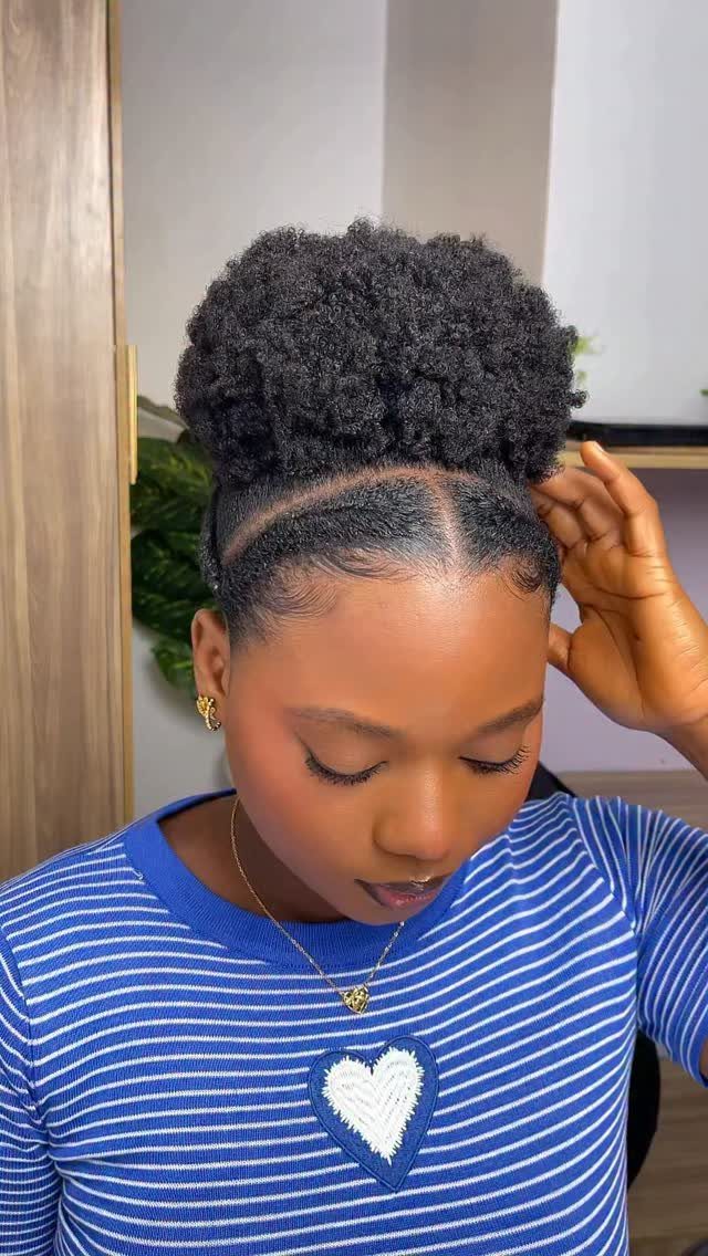 Natural hair styled in a high puff with neat center-parted flat twists