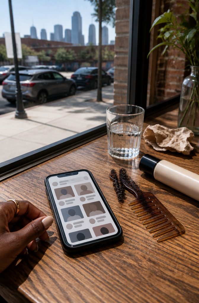 Smartphone with abstract profile blocks beside a pocket comb and curl sample
