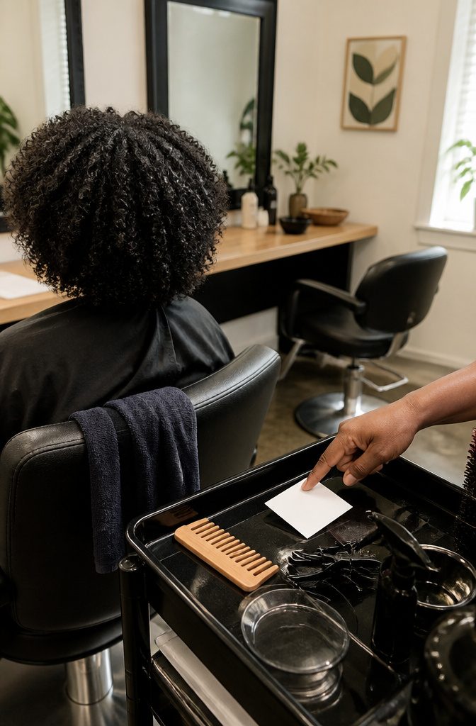 Client with natural curls beside a blank care card and hair clips