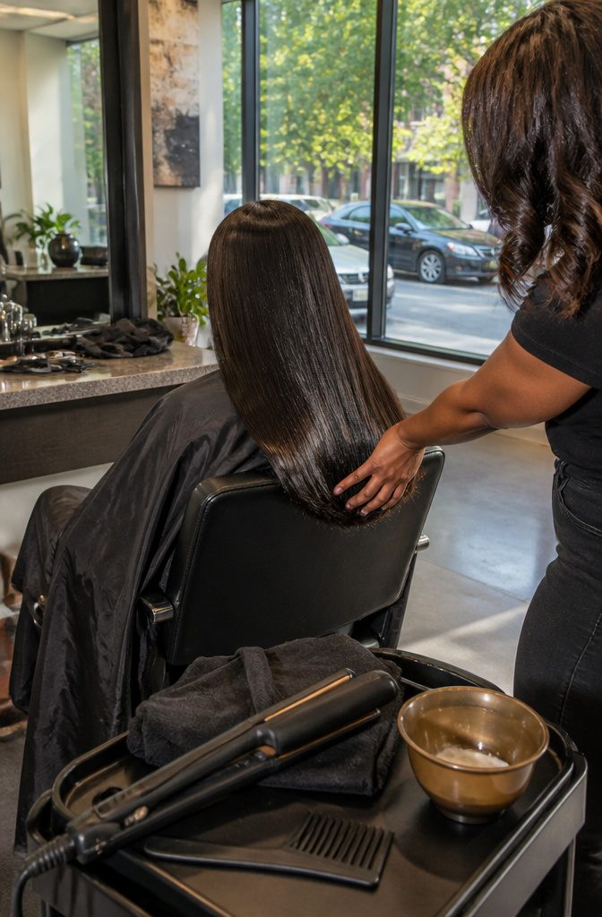 Client’s smooth hair falling over one shoulder as a stylist checks the finish