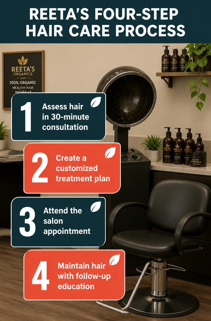Hair care process graphic titled Reeta’s Four-Step Hair Care Process