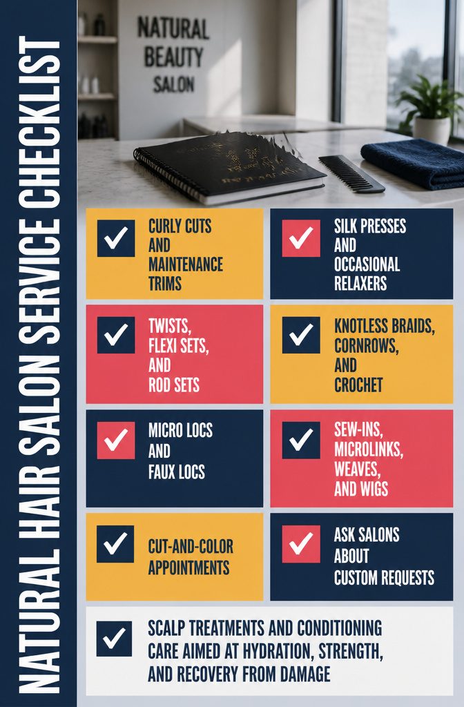 Checklist graphic titled Natural Hair Salon Service Checklist