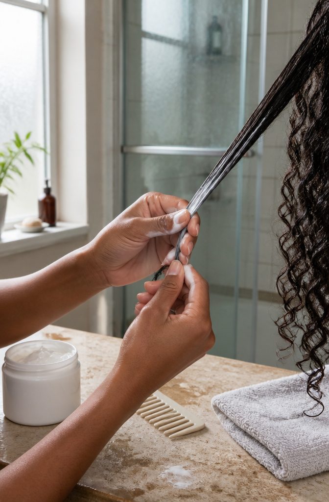 Fingers spreading white cream from roots to ends on one separated hair section