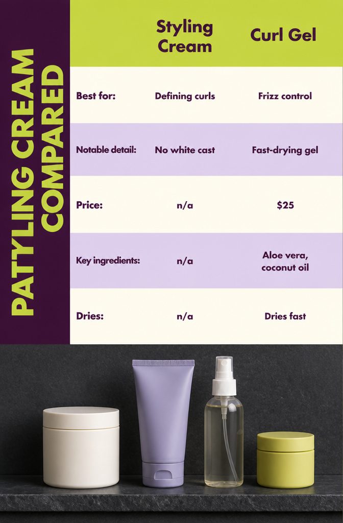 Pattern Styling Cream Compared chart listing Styling Cream, Curl Gel, Hydrating Mist, and Edge Control