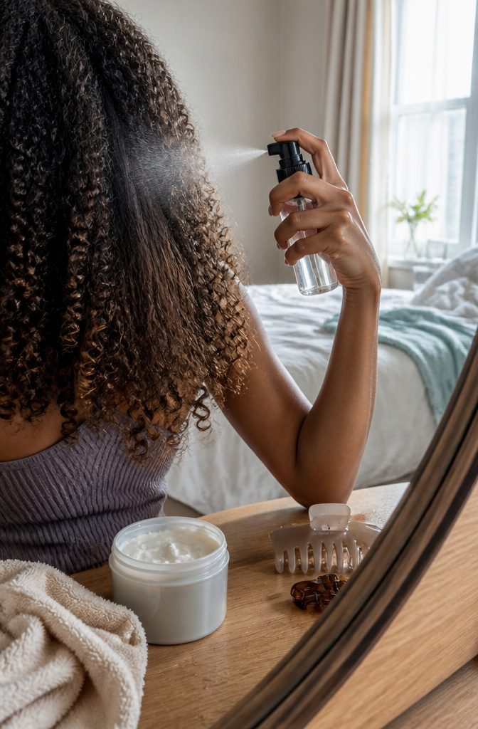 Hand misting a dry flattened section beside defined curls with minimal frizz