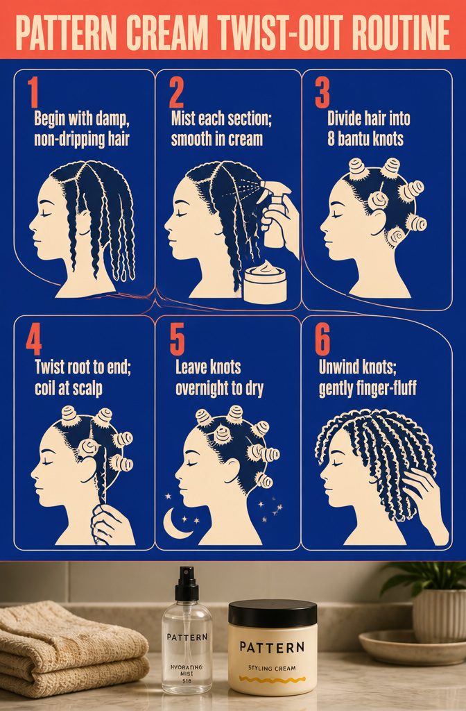 Pattern Cream Twist-Out Routine showing damp hair divided into eight Bantu knots