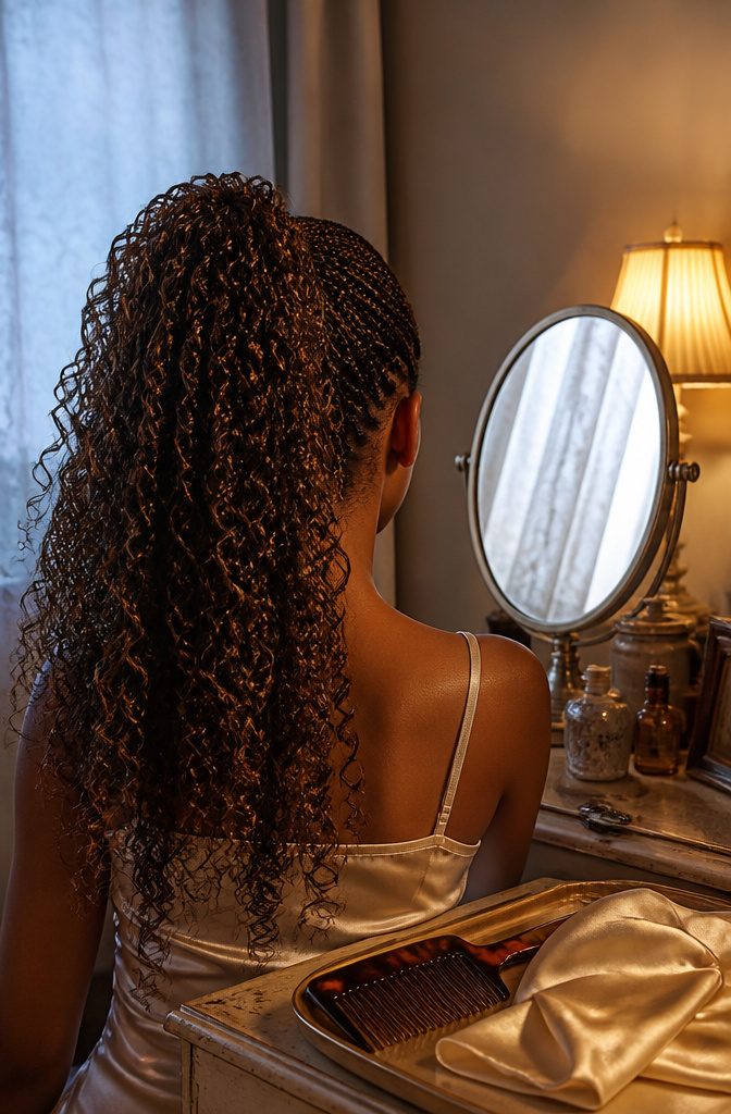 High ponytail with compact braided roots and loose curly extensions