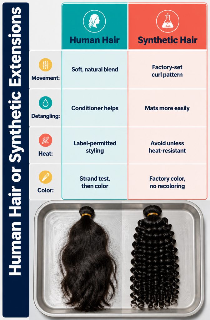 Beauty graphic comparing human hair and synthetic braid extensions