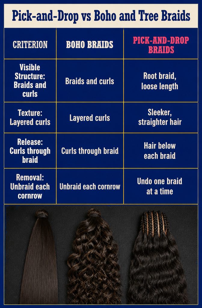 Beauty comparison graphic for pick-and-drop boho and tree braids
