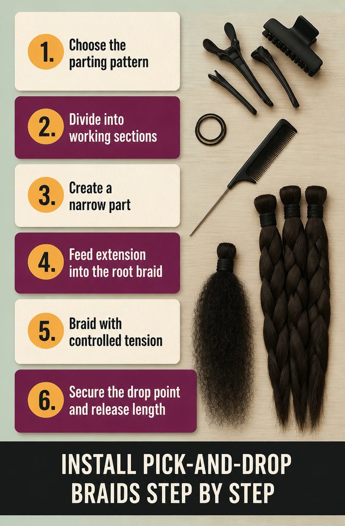 Beauty graphic showing pick-and-drop braid installation steps
