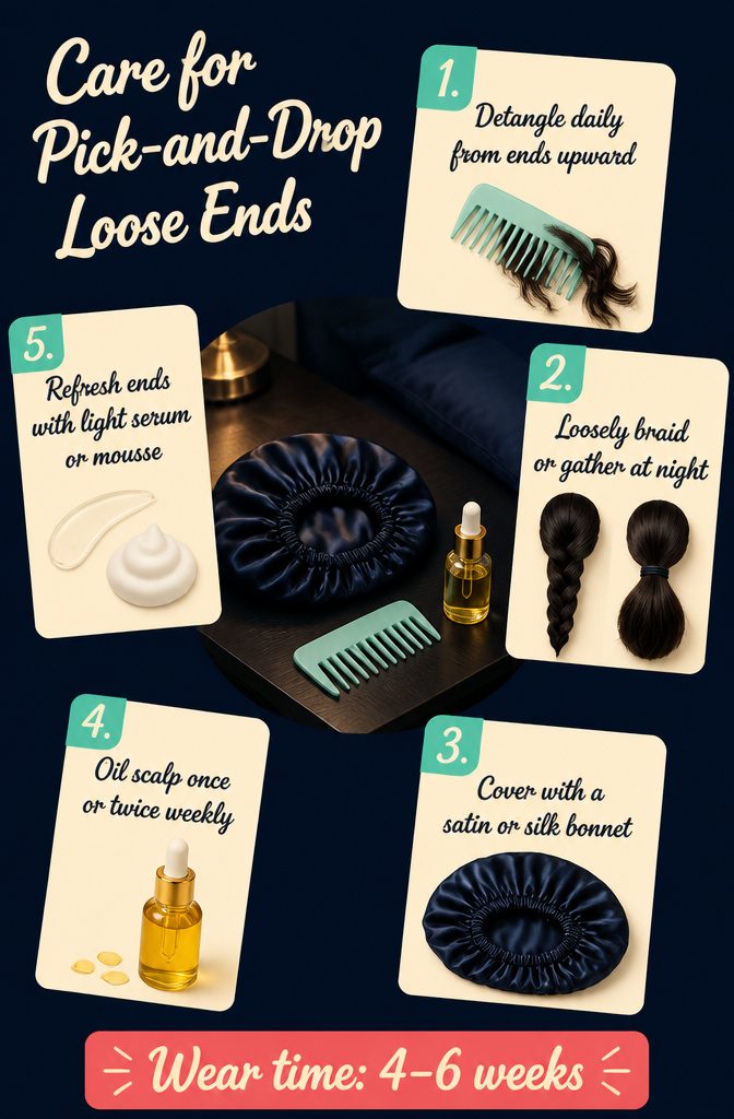 Beauty graphic about caring for loose pick-and-drop braid ends