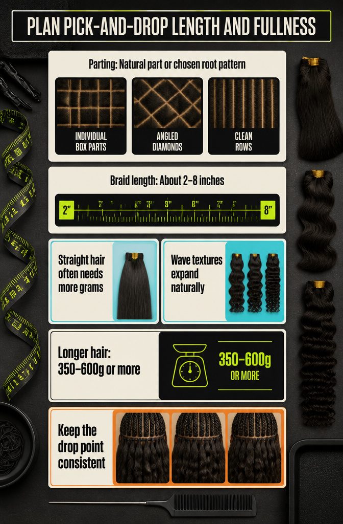 Beauty graphic about pick-and-drop braid length and hair fullness
