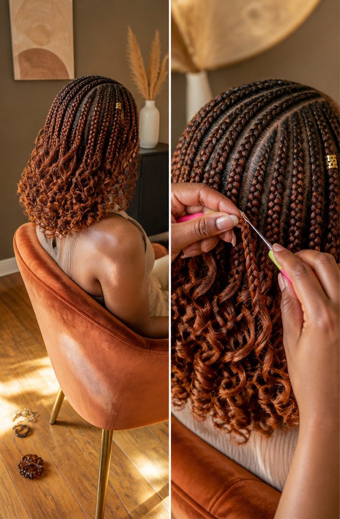 Pick-and-drop braids with curly ends and colored extensions