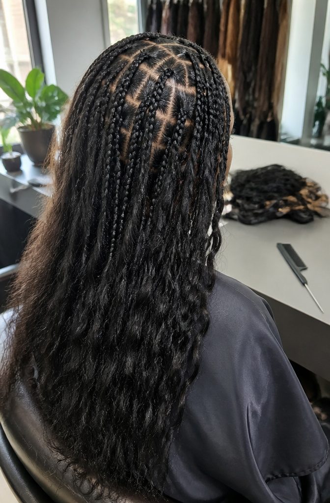 Pick-and-drop braids with short braided roots and loose extension hair