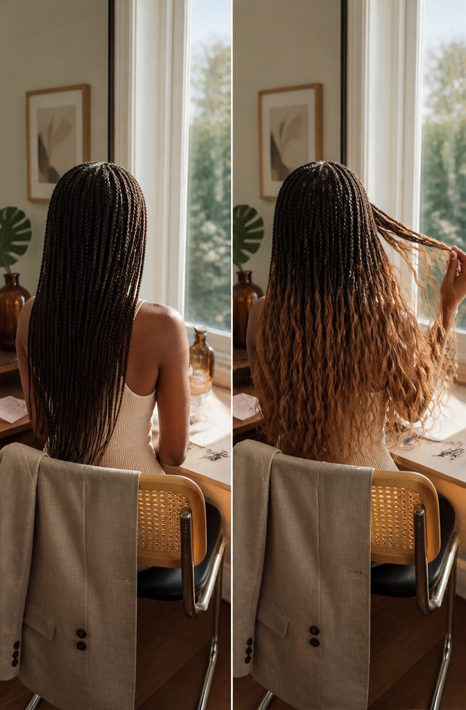 Pick-and-drop braids showing short roots and flowing loose extensions