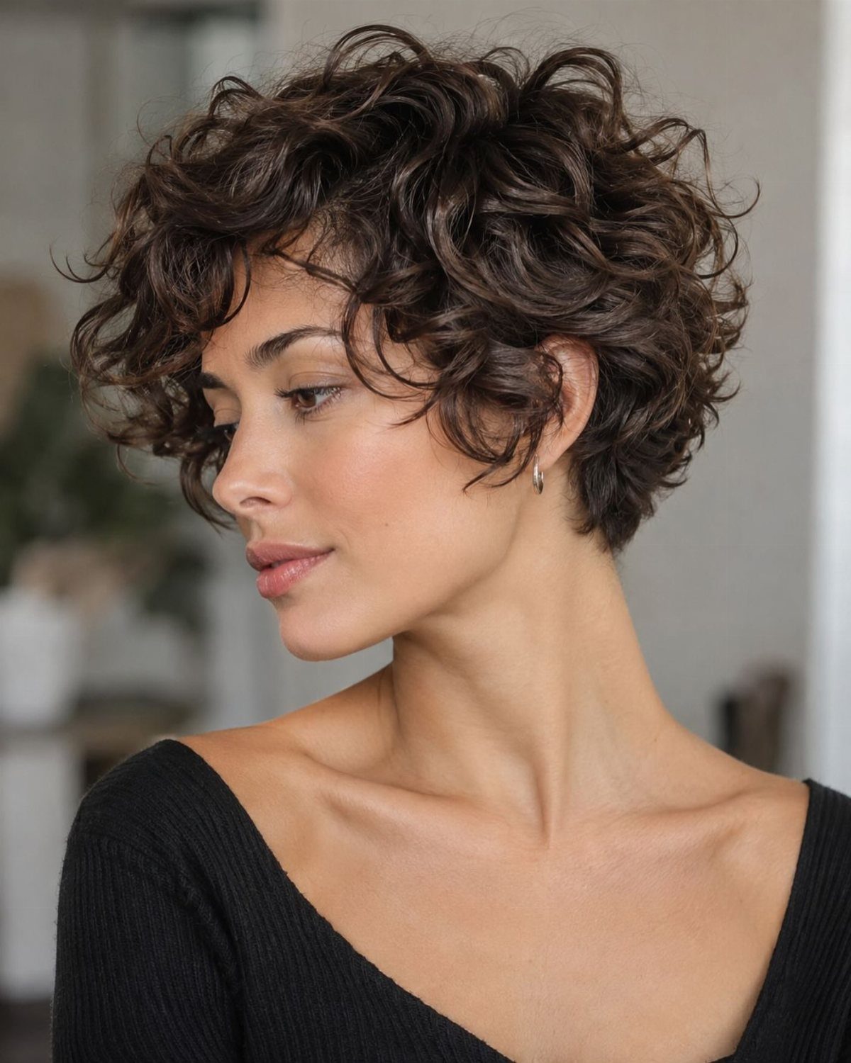 Woman with a short, voluminous dark curly pixie-bob hairstyle