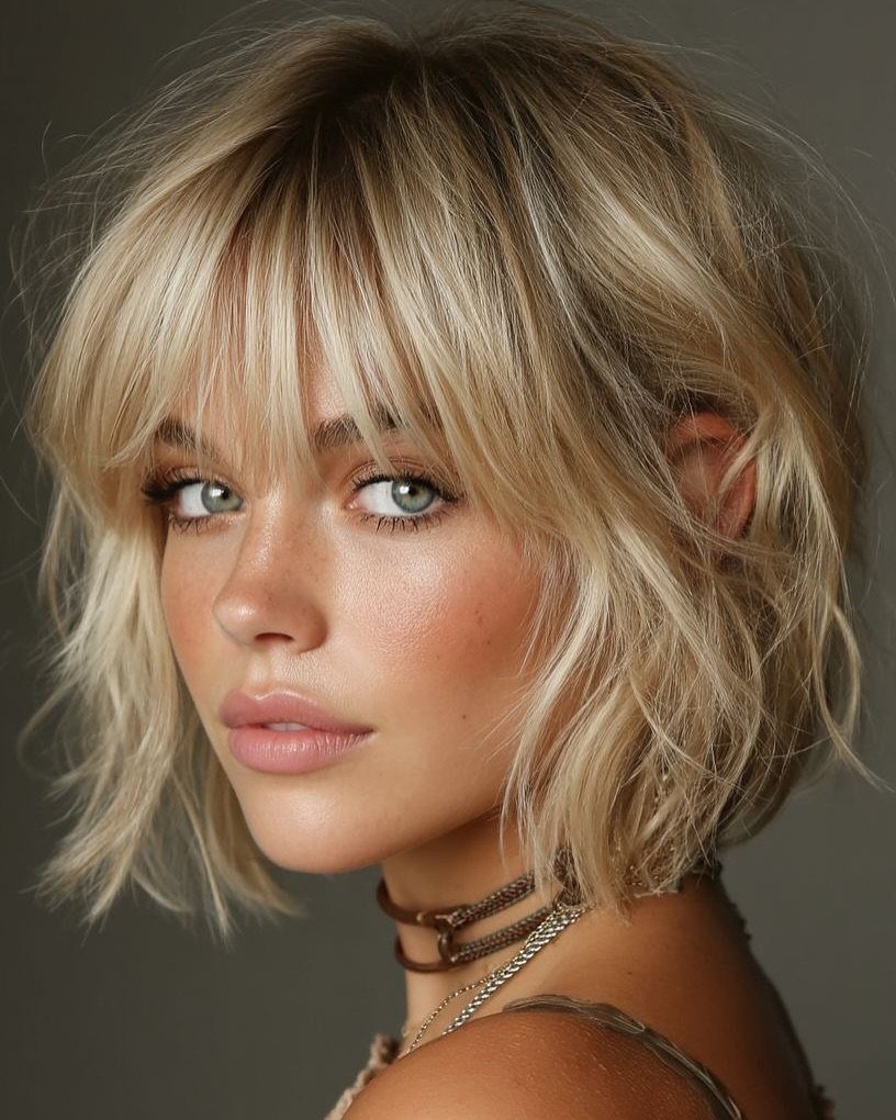 Woman with a chin-length blonde bob, loose waves, and wispy bangs