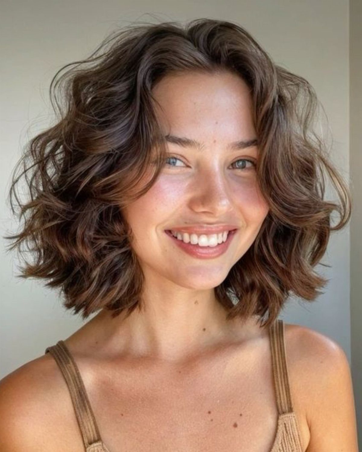 Woman with a tousled chin-length brown bob and soft, beachy bends