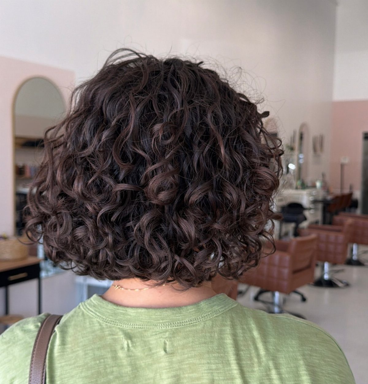 Dark curly bob seen from behind in a salon, with rounded layers