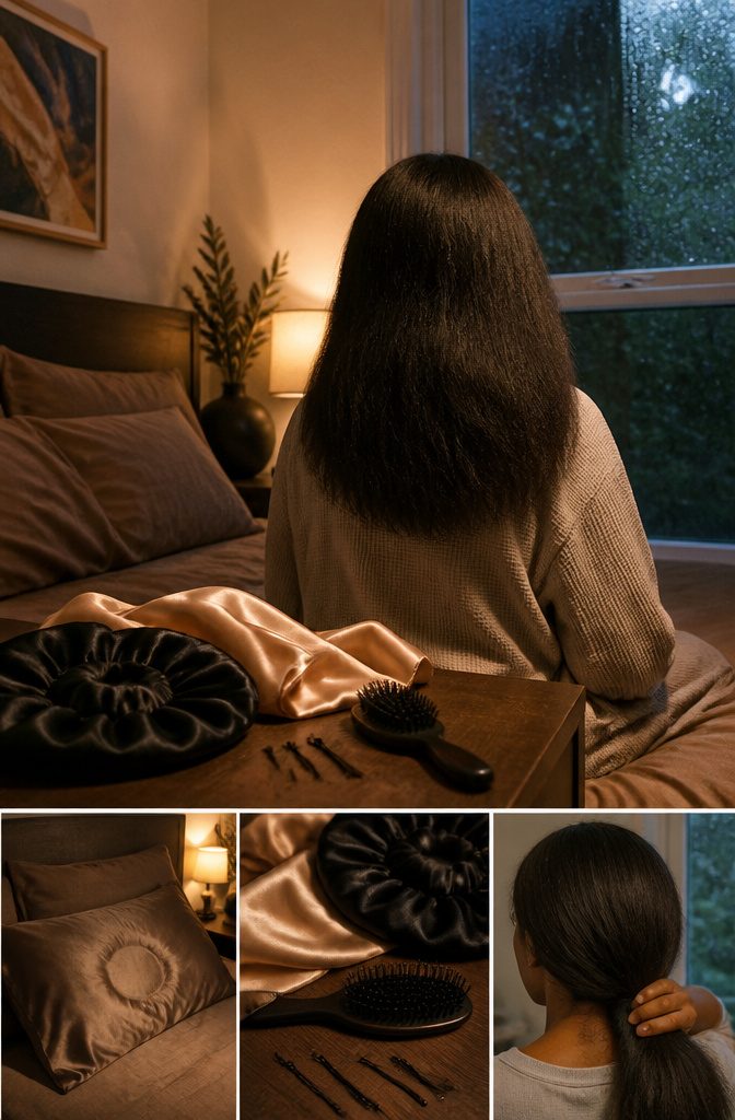 Straightened hair wrapped for sleep to preserve its shape