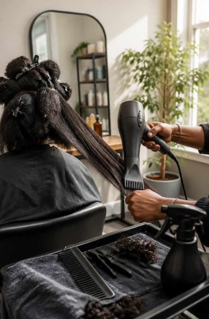 Natural hair being blow-dried in sections with a comb attachment