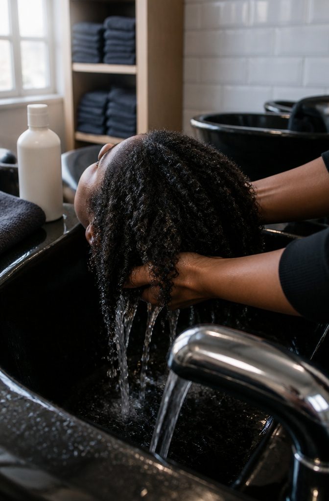 Natural hair being washed to remove oil and product buildup