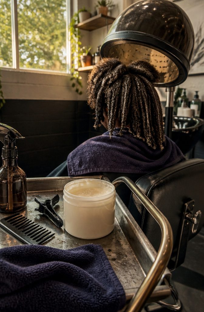 Damp natural hair coated with conditioner beneath a hooded dryer