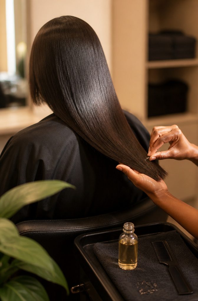 Light oil smoothed over straight hair to add shine