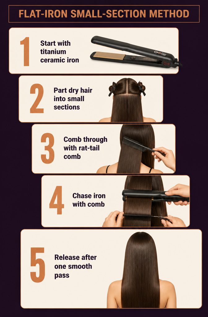 Flat iron and rat-tail comb moving together through a small hair section