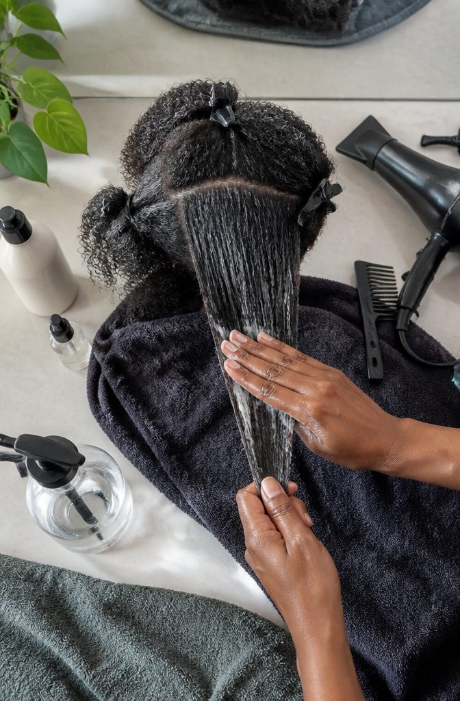 Damp natural hair prepared with heat protectant before blow-drying
