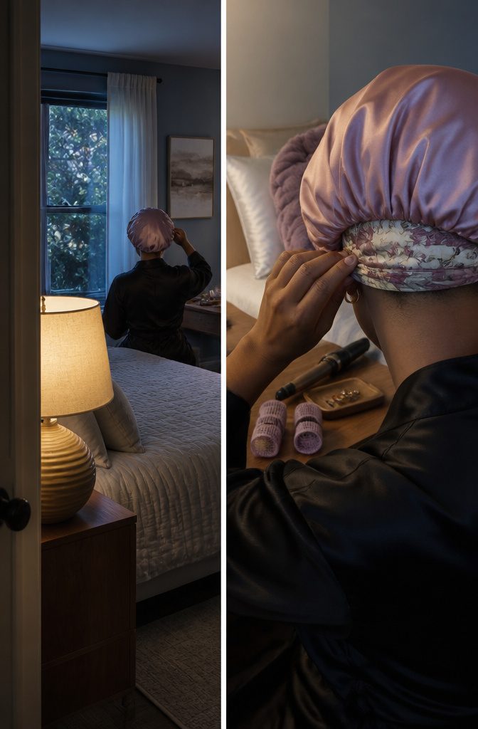 Straight hair wrapped in a silk scarf beneath a bonnet