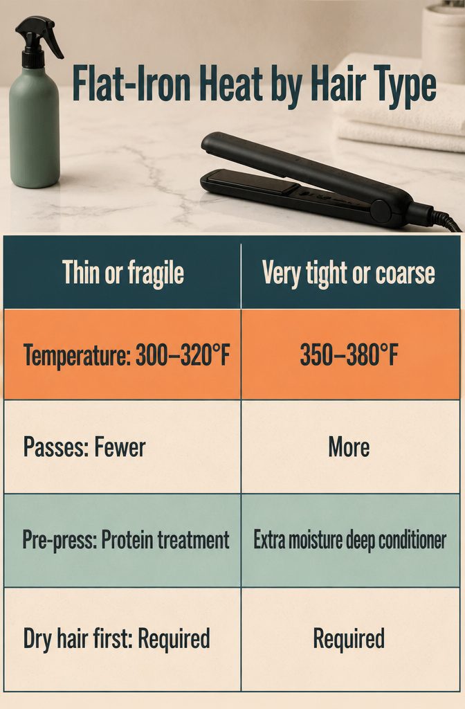 Flat iron beside hair samples showing different textures