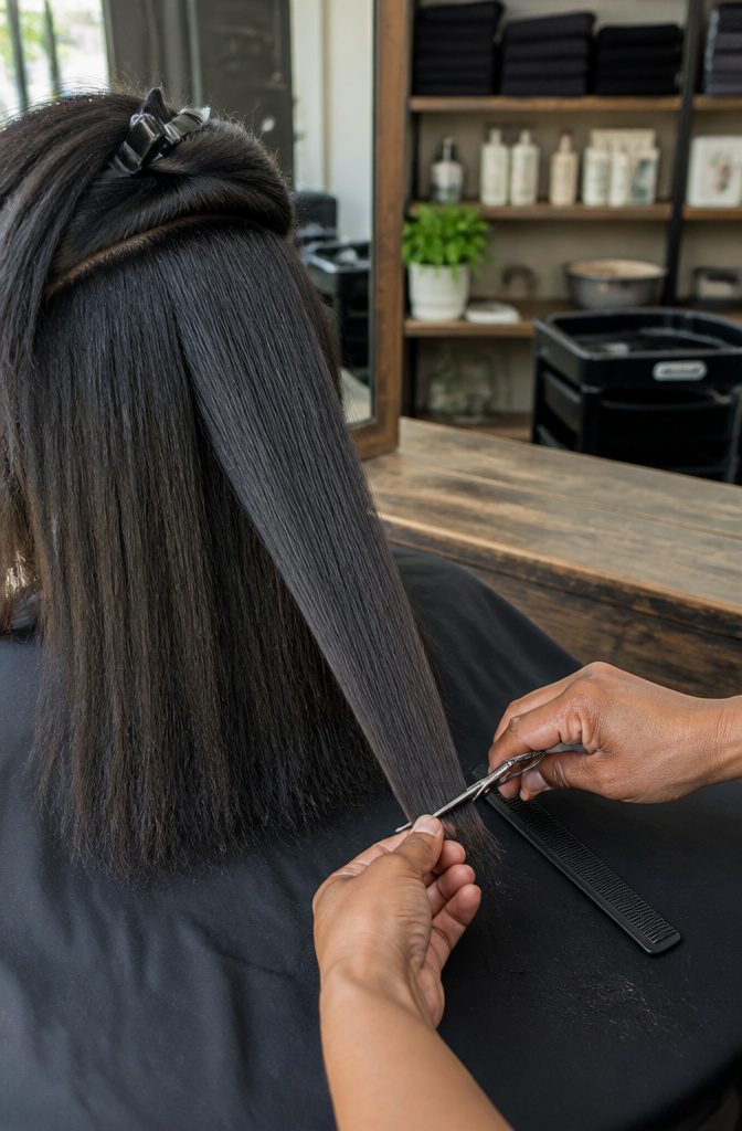 Stylist trimming the ends of a straightened hair section over a dark cape