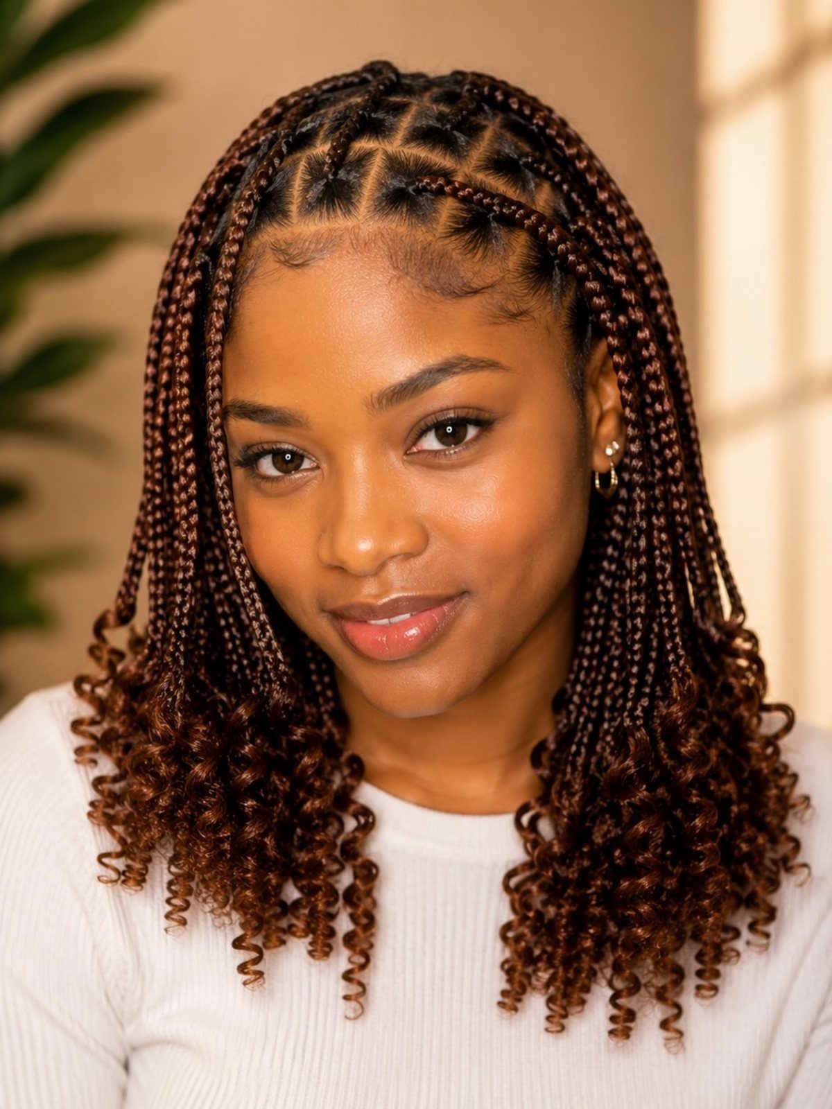 Woman wearing small box braids with loose curled ends around her shoulders