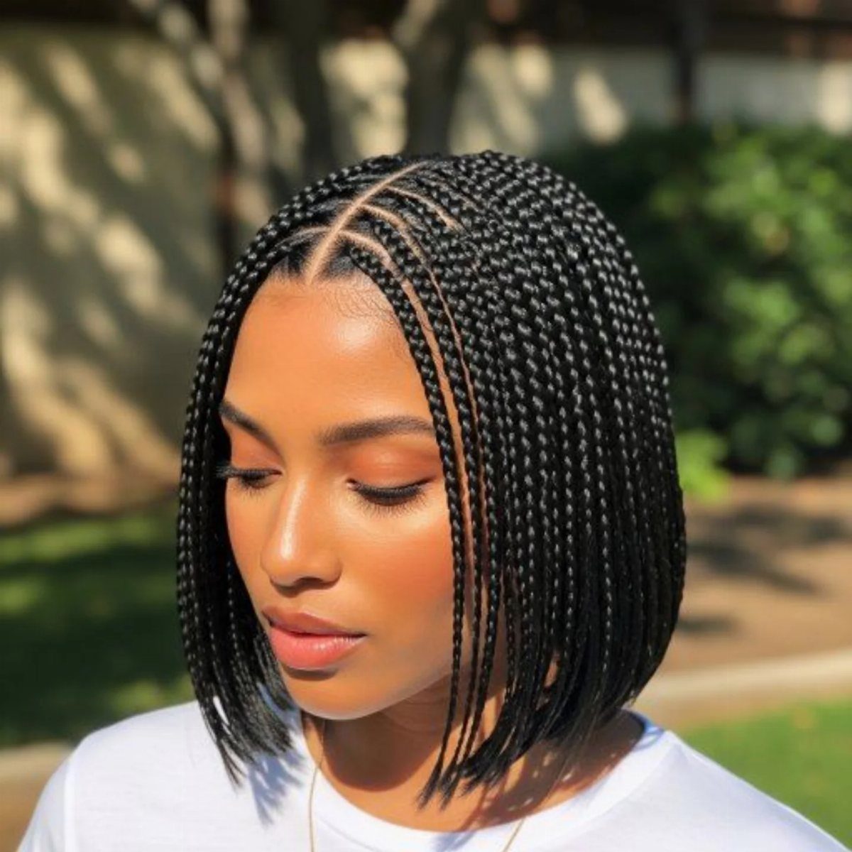 Woman wearing small, chin-length black box braids with a center part