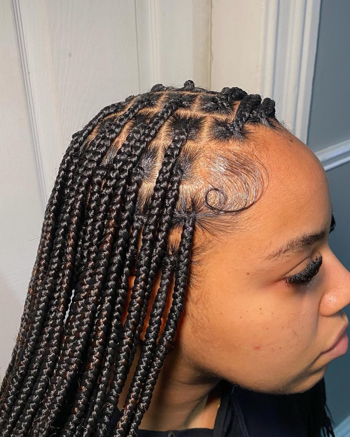 Small black box braids arranged in neat square sections along the scalp