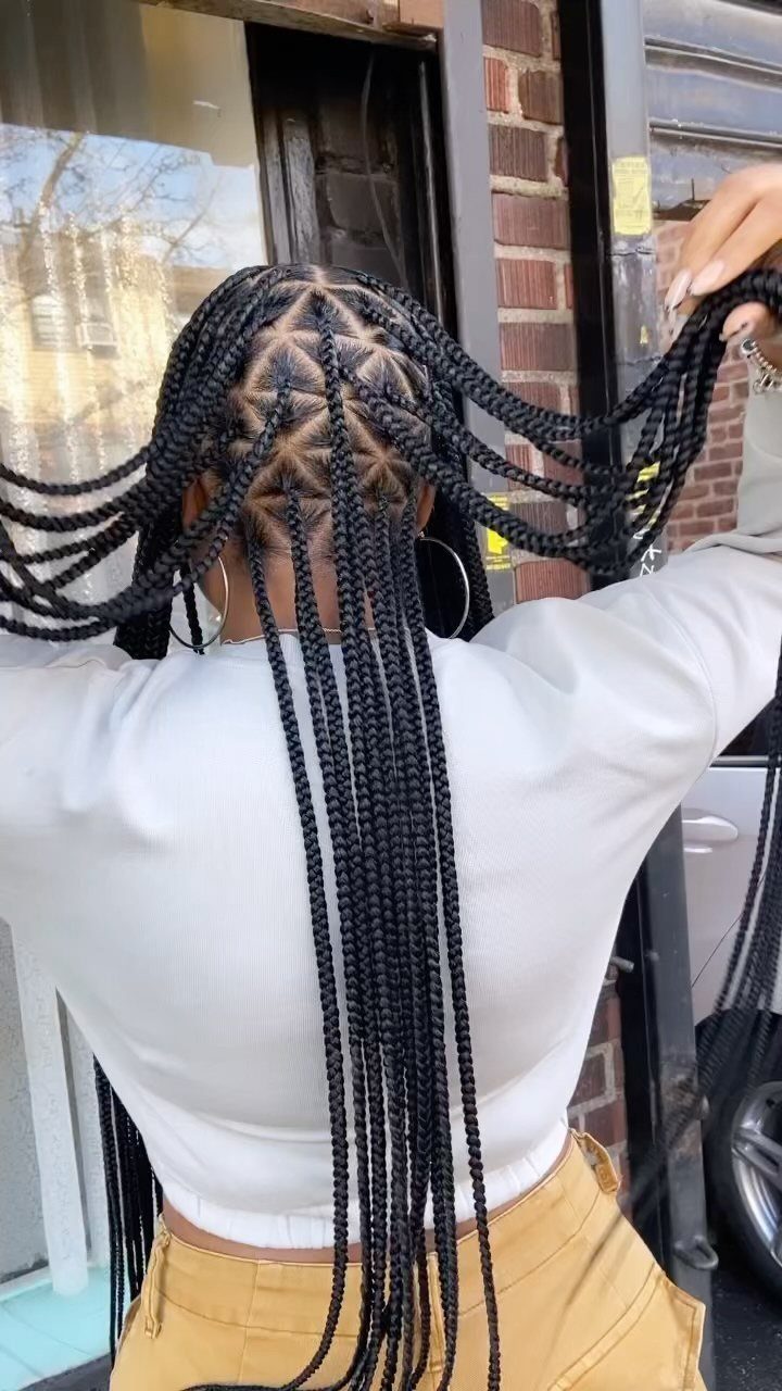 Long black small braids show triangular scalp sections as the wearer holds them out