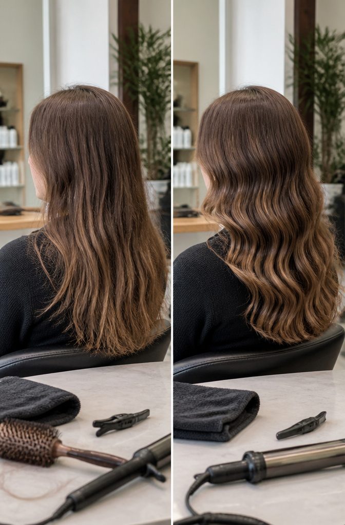 Hair sections curled in alternating directions with a curling rod