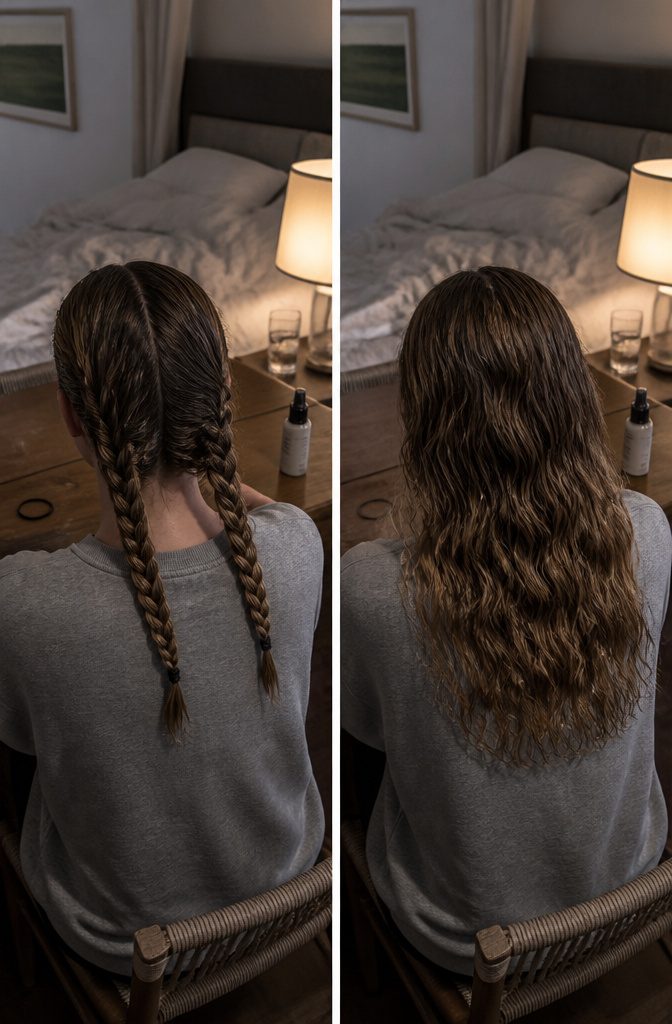 Two regular braids creating waves lower through damp hair