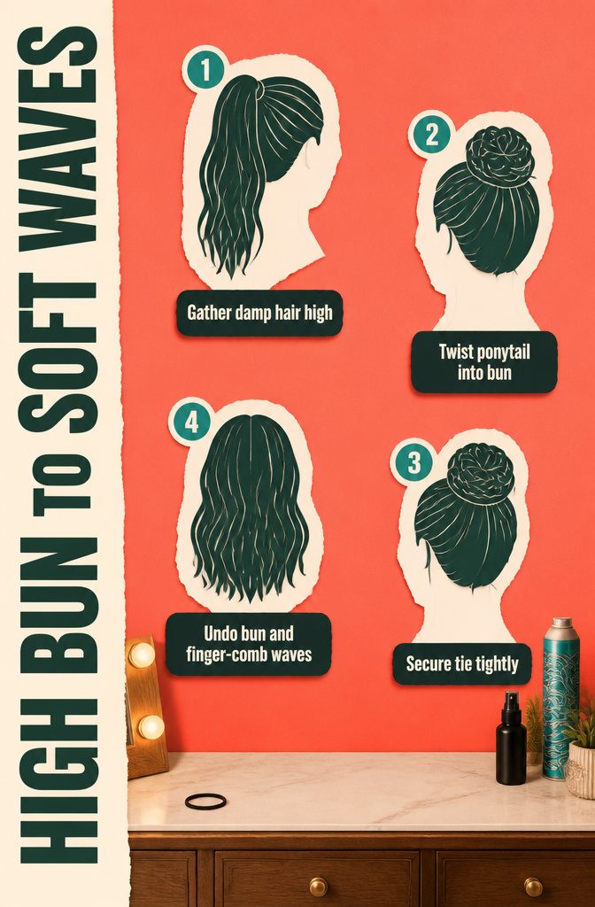 High bun securing damp hair for overnight soft waves