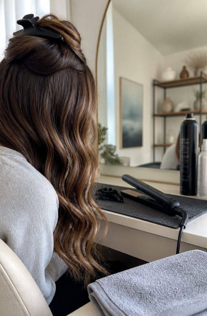 Flat iron beside clips and products for alternating hair waves