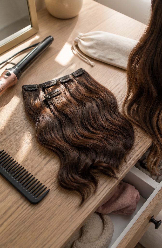 Clip-in hair extensions styled with loose waves for blending