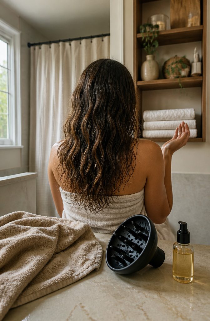 Damp hair with oil being styled using a diffuser