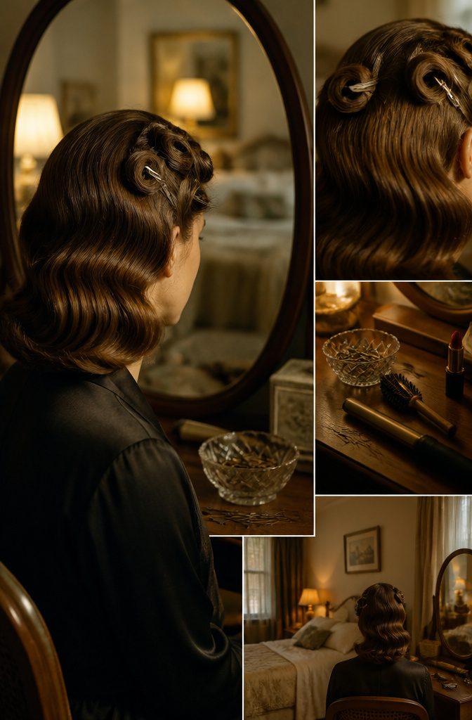 Pinned curls arranged against the scalp for polished waves