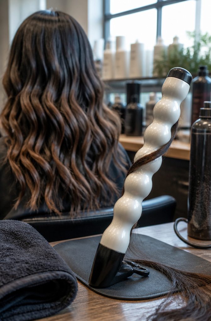 Pearl curling wand with rounded grooves for uneven hair waves