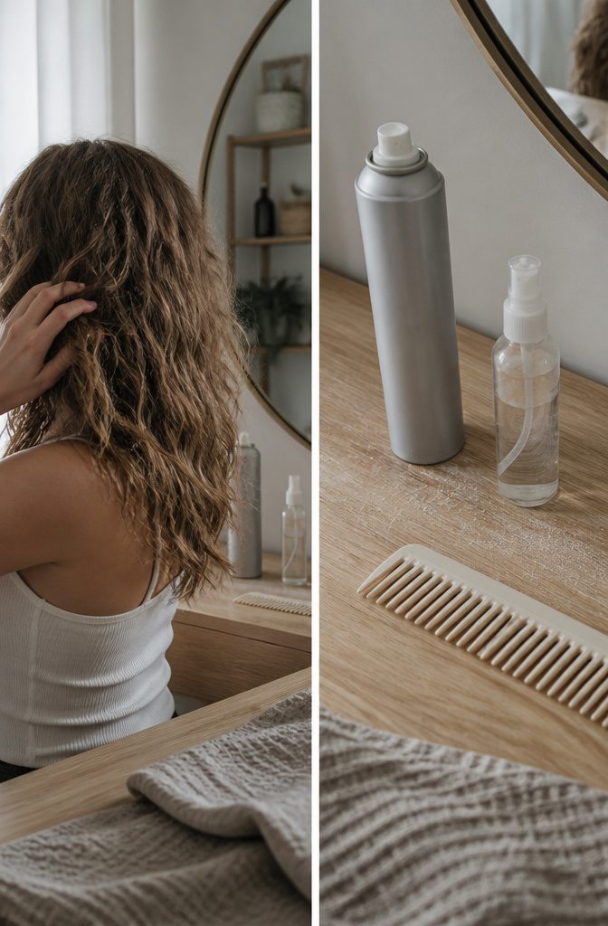 Second-day curly hair with dry shampoo and texture spray